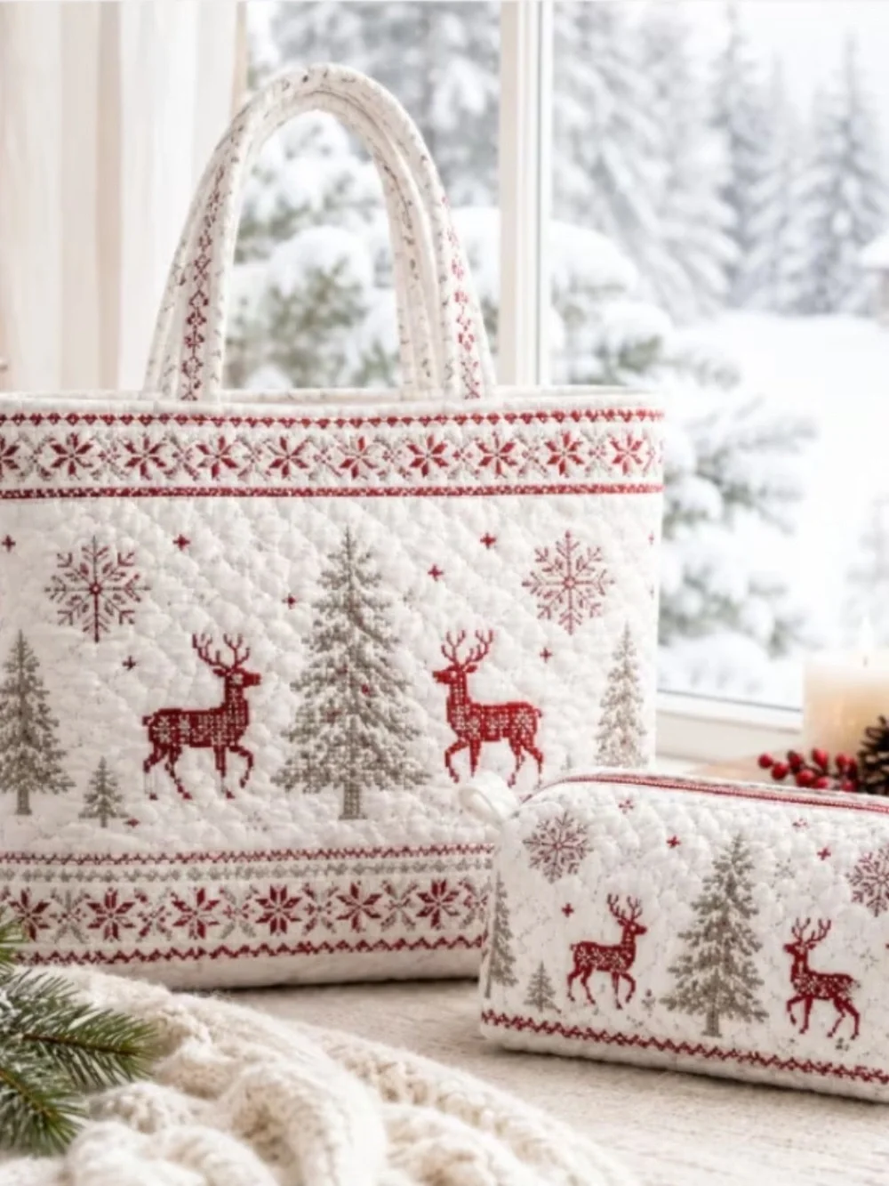 Ivory Quilted Holiday Tote & Pouch Set with Red Deer and Gray Trees
